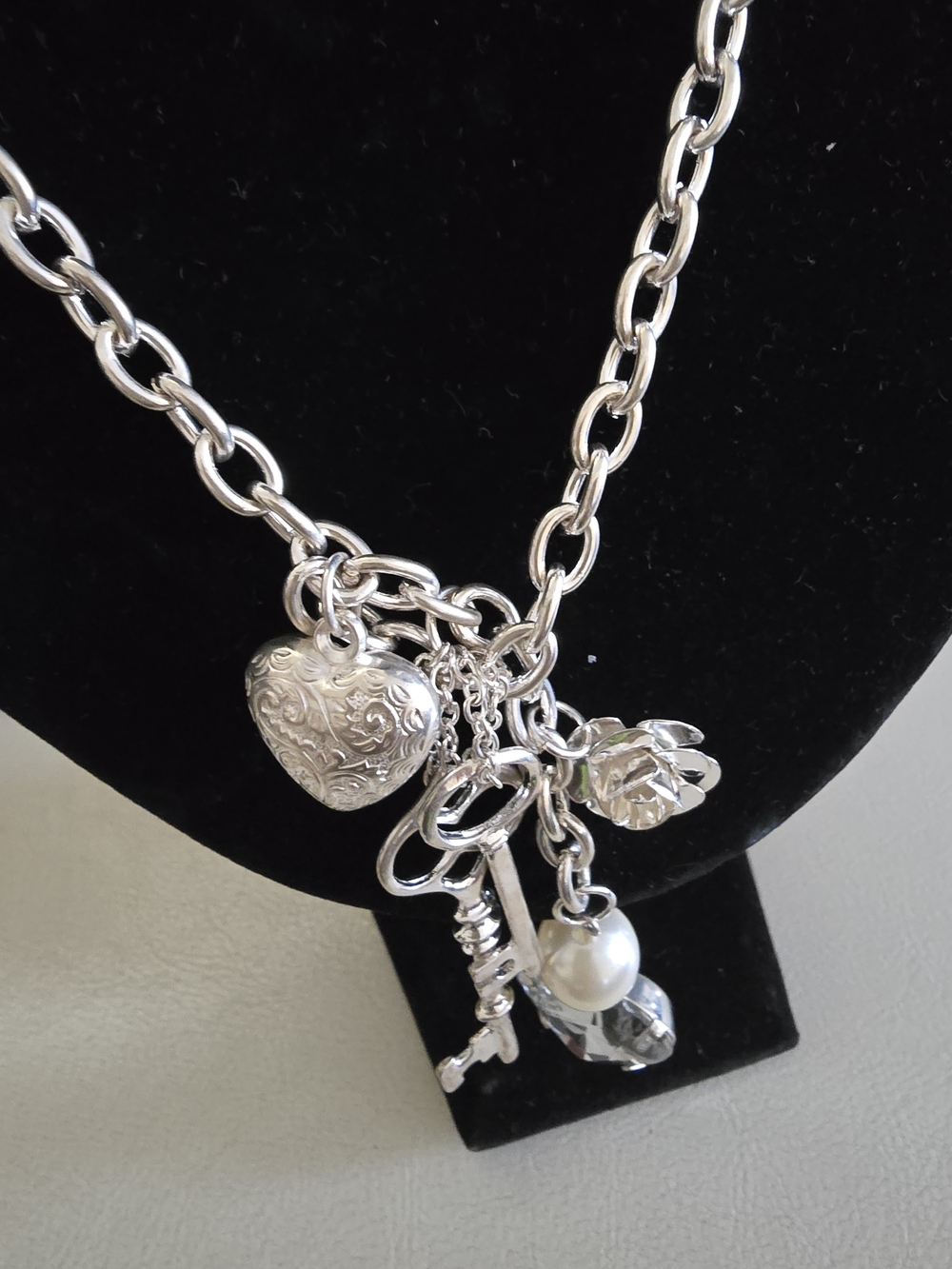 Silver-Tone Heart & Key Charm Necklace